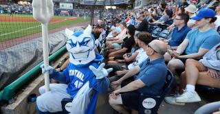 Kizer the Blue Devil in the stands at Dunkin Park.