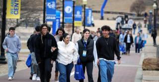 Students tour the Central campus during spring Accepted Students Day.